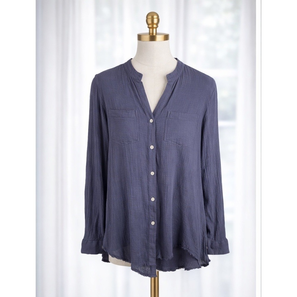 Core Life Gauze Crinkle Button Up Top Frayed Hi Low Hem Blue Purple Beach Size M